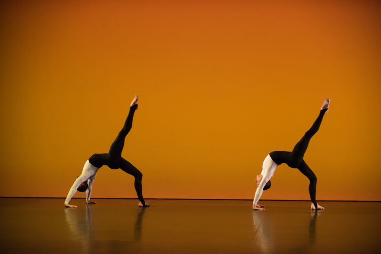 Two dancers performing against an orange background
