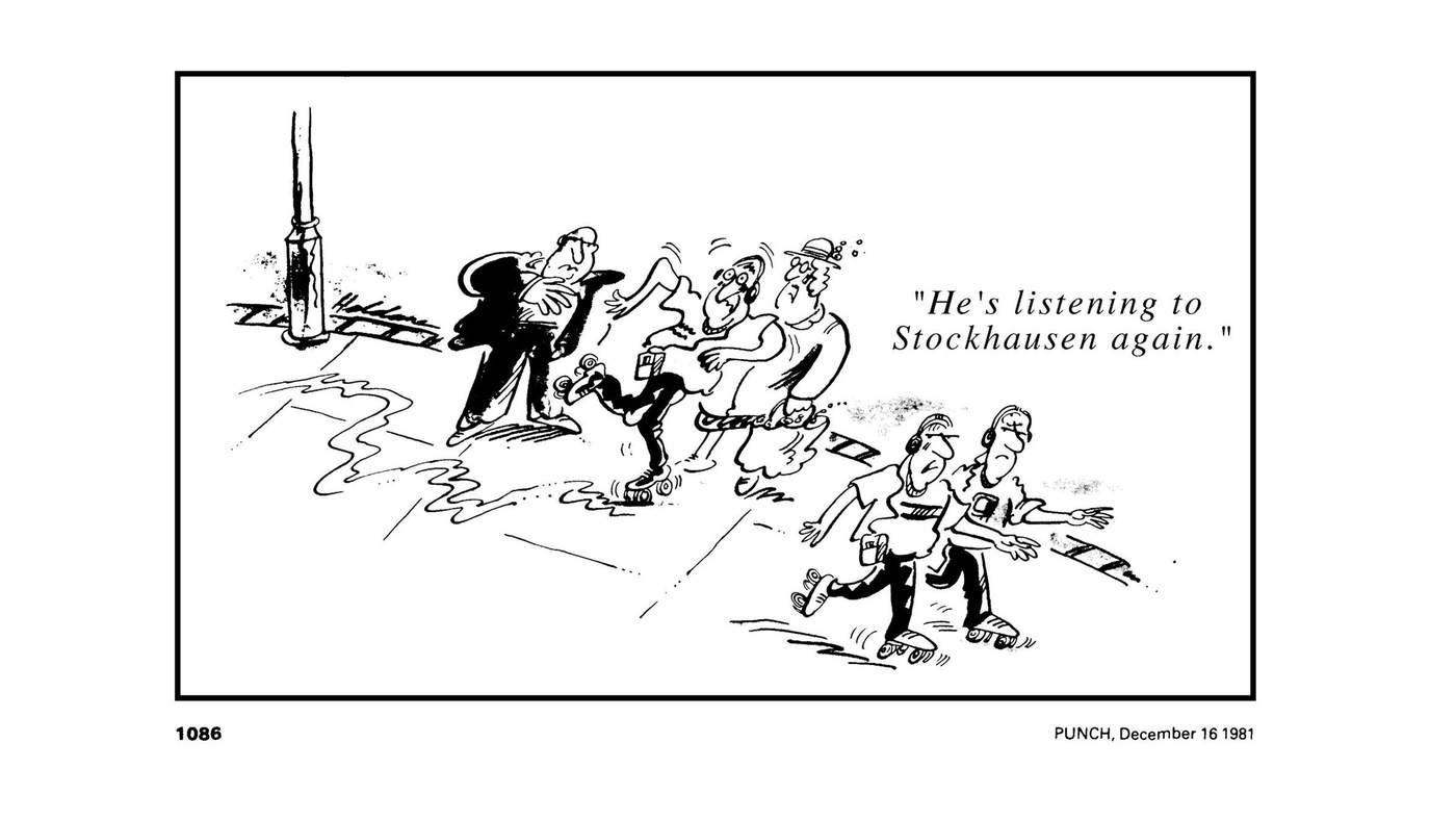 Stockhausen enjoyed collecting the satirical cartoons poking fun at his work. Cartoons as seen on stockhausen.org